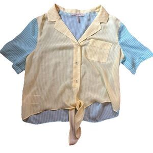 BCBG Generation Small White, Blue and Yellow Crop Tie Knot Semi-sheer